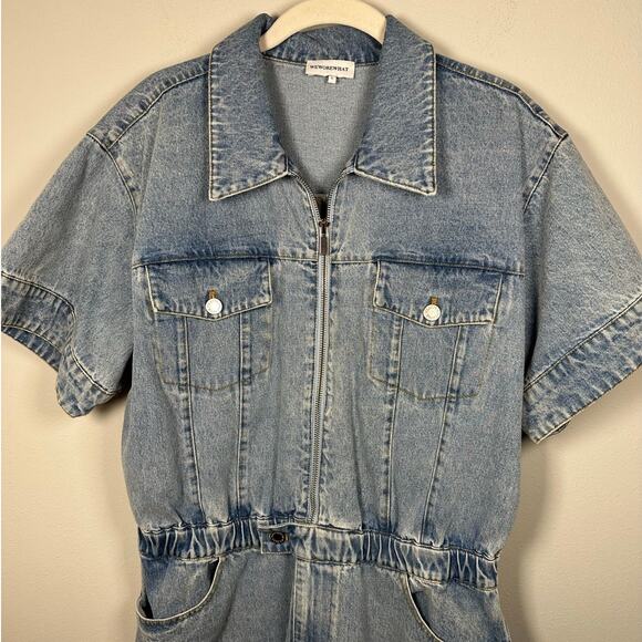 WeWoreWhat Blue Denim Short Sleeve Zipper Front Romper Women's Large - Picture 4 of 8